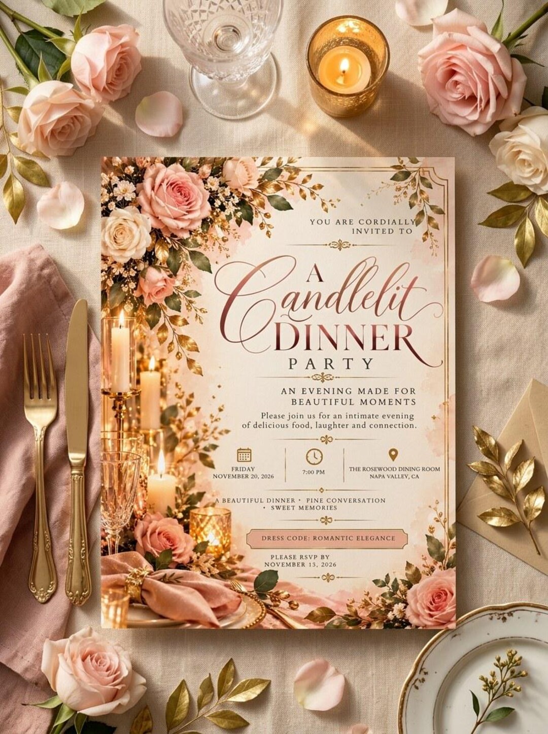 Party Invite Sample Note All Occasion Dinner Party Invitation Template, Editable Candlelit ...