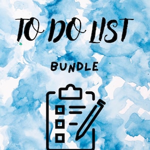 Peut inclure: Fond bleu aquarelle avec les mots "TO DO LIST BUNDLE" en écriture noire. Un graphique noir et blanc d'un presse-papiers avec un stylo est au centre de l'image.