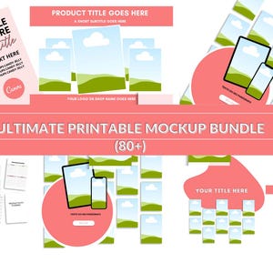 Peut inclure: Un ensemble de maquettes numériques avec un schéma de couleurs rose et blanc. L'image comprend des maquettes pour divers produits, tels que des tablettes, des téléphones et des imprimables. Le texte comprend "Ultimate Printable Mockup Bundle (80+)" et "Your Title Here".