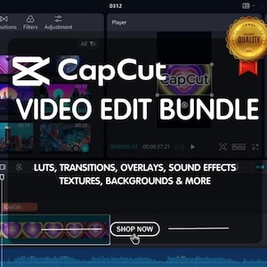May include: A digital graphic promoting a "CapCut Video Edit Bundle" with the CapCut logo and text. The image features a gold "Quality" seal and a "Shop Now" button, with a dark background and video editing interface elements.