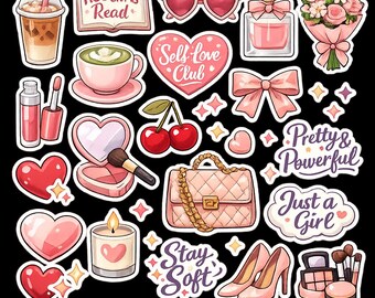 Coquette Sticker Pack PNG , Girly Lifestyle Stickers, Bows, Matcha, Cherries, Cute Feminine Aesthetic
