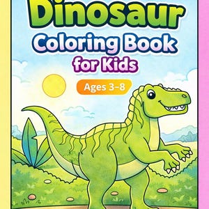 Peut inclure: Un livre de coloriage pour enfants intitulé "Big & Easy Dinosaur Coloring Book for Kids". La couverture présente une illustration de dinosaure vert sur un fond de ciel bleu et de paysage vert. Le livre est pour les enfants de 3 à 8 ans et contient le texte "Fun & Simple Coloring Pages."