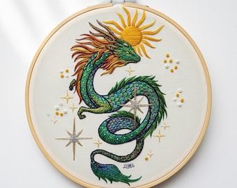 Celestial Dragon Embroidery Pattern, Animal Embroidery Design, Dragon Hand Embroidery PDF