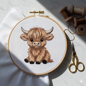 Könnte beinhalten: Ein Kreuzstich-Stickrahmen mit einer braunen Highland-Kuh mit großen Augen und kleinen Hörnern. Die Stickerei befindet sich in einem Holzrahmen, mit Garnrollen und einer goldenen Schere in der Nähe. Die Kuh sitzt auf einem weißen Stoff.