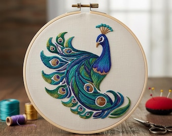 孔雀の手刺繍デザイン、動物刺繍PDFパターン、鳥のステッチ