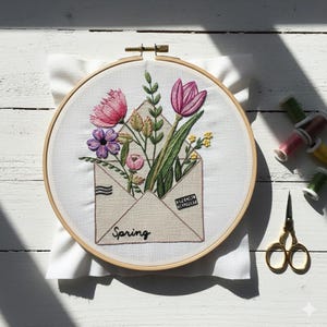 Könnte beinhalten: Ein Stickrahmen mit einem floralen Design. Das Design zeigt rosa Tulpen, lila Blumen und Grünzeug, das aus einem beigen Umschlag kommt. Das Wort "Spring" ist auf dem Umschlag gestickt. Eine goldene Schere und Garnrollen befinden sich im Hintergrund.