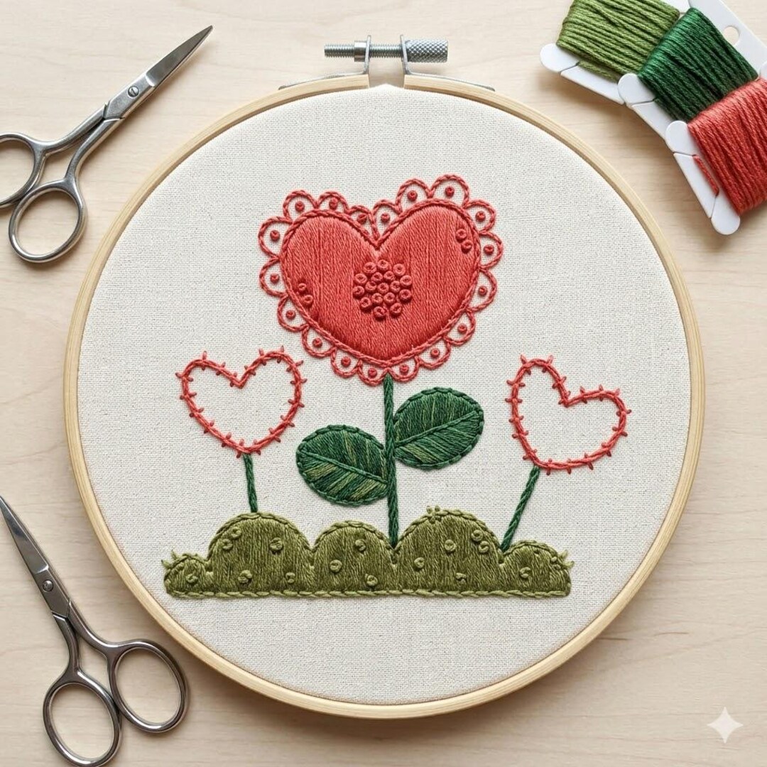 Heart Flower Hand Embroidery Pattern / Instant Download Tutorial ...