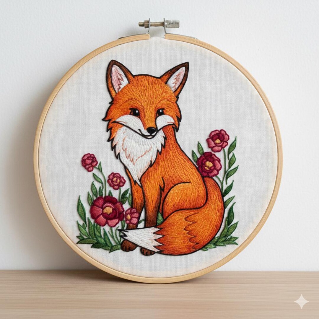 Fox With Flowers Embroidery Pattern, Fox Hand Embroidery PDF (instant ...