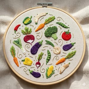 Op de afbeelding: Een handgeborduurde borduurring met een kleurrijke verzameling groenten. Het ontwerp omvat wortelen, broccoli, tomaten, aubergines en meer, allemaal zorgvuldig vervaardigd met draad op een beige stoffen achtergrond. De houten ring heeft een diameter van ongeveer 20 cm.
