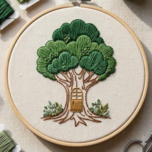 Könnte beinhalten: Ein Stickrahmen mit einem detaillierten Baumdesign. Der Baum hat einen braunen Stamm und Äste mit üppigen grünen Blättern. Eine kleine, gewölbte Tür befindet sich im Stamm. Die Stickerei ist auf cremefarbenem Stoff in einem Holzrahmen.