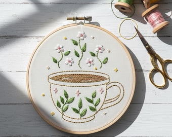 Floral Coffee Hand Embroidery Pattern, Floral Embroidery Design, Coffee Hand Embroidery PDF