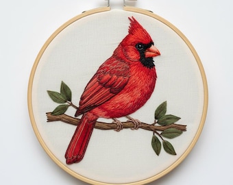 Handbroderimönster för kardinalfågel, fågelbroderidesign, handbroderi för kardinal i PDF-format, gör-det-själv-pyssel