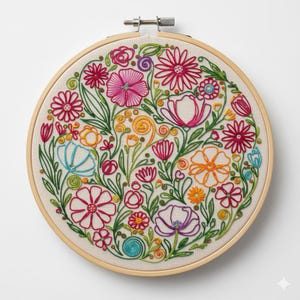 Op de afbeelding: Een kleurrijk bloemenborduurwerk in een borduurring. Het ontwerp toont een verscheidenheid aan bloemen in roze, oranje, blauwe en paarse tinten, met groene bladeren en stelen. De borduursel is geplaatst in een stof van natuurlijke kleur in een houten ring.