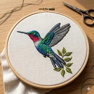 May include: A circular wooden embroidery hoop containing a piece of off-white fabric with a detailed thread-stitched hummingbird. The bird features vibrant green, blue, and red plumage with grey wings, positioned above a small cluster of green leaves.