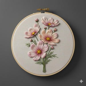 May include: A hand-stitched embroidery hoop featuring a bouquet of cosmos flowers. The flowers are in shades of pink and peach with yellow centers, and green leaves. The embroidery is set in a natural linen fabric within a wooden hoop.