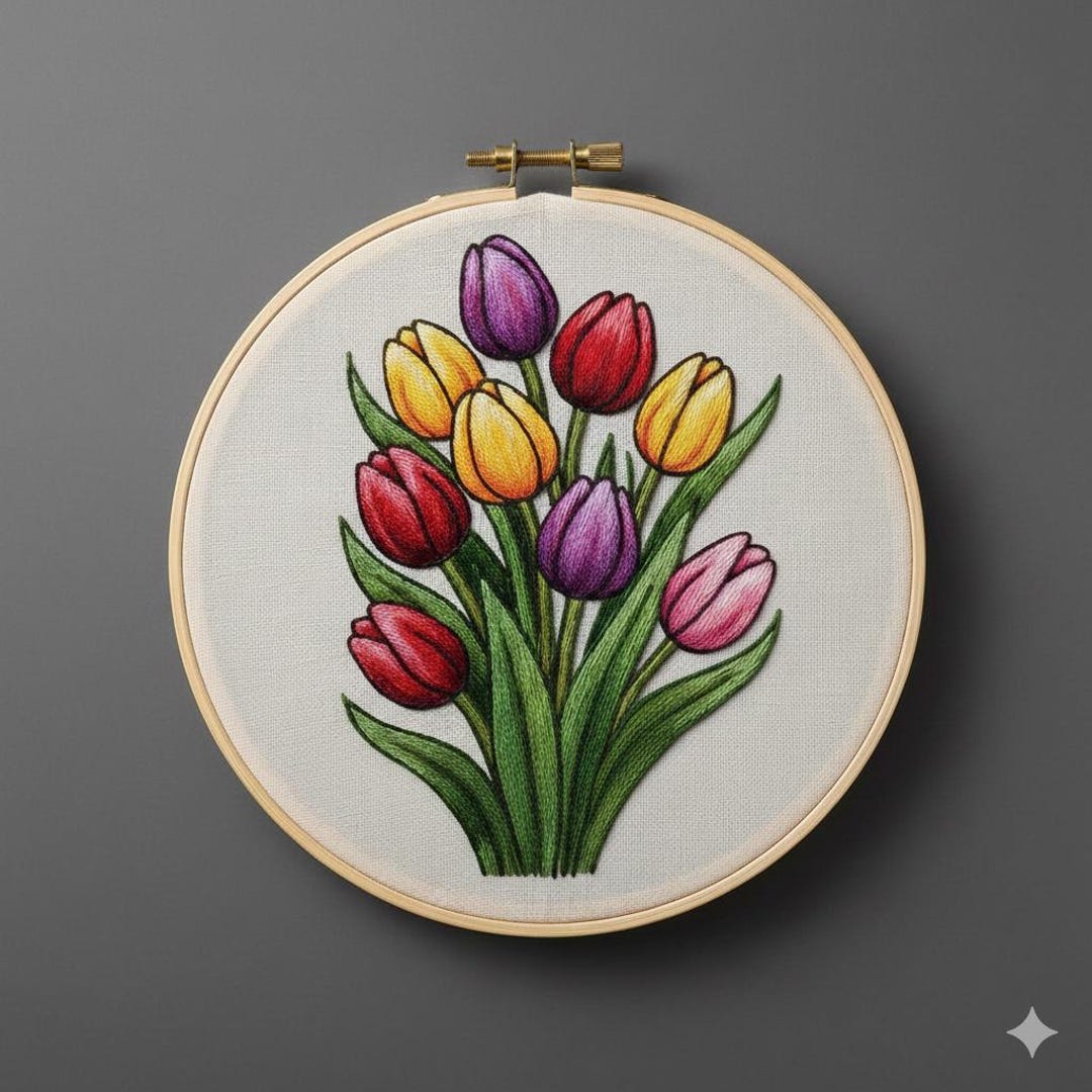 Tulip Flower Bouquet Embroidery Pattern, Tulip Hand Embroidery PDF ...