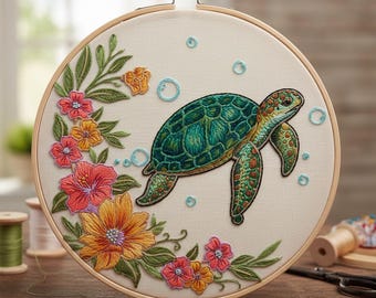 May include: Embroidered sea turtle hoop art. The design features a detailed green sea turtle surrounded by colorful flowers in shades of red, orange, and yellow, with blue bubbles. The embroidery is set in a wooden hoop.