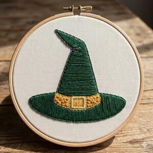 May include: A circular wooden embroidery hoop containing a piece of off-white fabric. Centered on the fabric is a hand-stitched design of a pointed green hat with a textured gold band and a square buckle, featuring dark green thread detailing.
