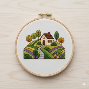 May include: Embroidered landscape scene in a wooden hoop. The artwork depicts a small house with a brown roof, a stone path, and rolling hills with trees. The color palette includes green, yellow, purple, and brown.