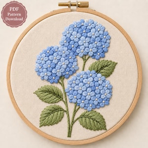 May include: An embroidery hoop containing a fabric piece with a hand-stitched design of three blue hydrangea flower clusters and green leaves. The flowers feature small white centers. A circular badge in the top left corner reads PDF Pattern Download.