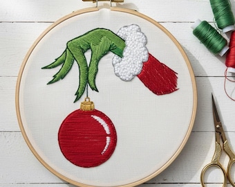 Padrão de bordado à mão do Grinch de Natal, desenho de bordado de Natal, PDF de bordado à mão do Grinch