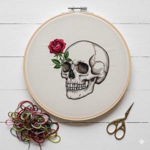 Könnte beinhalten: Gestickter Totenkopf mit roter Rose, die aus der Augenhöhle wächst, in einem Holz-Stickrahmen. Der Schädel ist detailliert dargestellt. Ein Haufen bunter Stickgarne und eine kleine goldene Schere sind ebenfalls zu sehen.