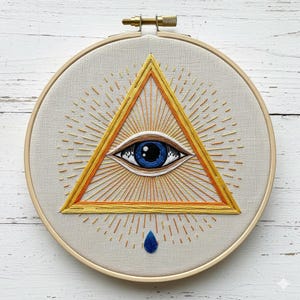 May include: Embroidered artwork in a wooden hoop features a yellow triangle with an eye at its center, radiating lines, and a blue teardrop. The eye has a blue iris, and the embroidery is on a light beige fabric.