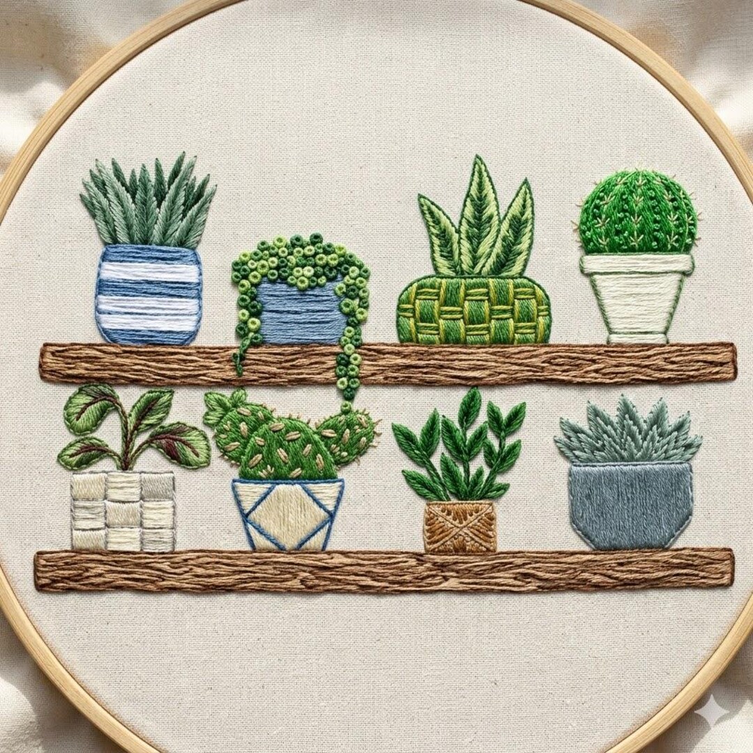 Botanical Shelf Embroidery Pattern, Potted Plants Hand Stitch PDF ...