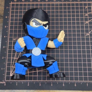 May include: A stylized figurine of a ninja character wearing a black and blue outfit with a matching mask. The figure is posed in a martial arts stance with arms extended. It is positioned on a black cutting mat with a grid, measuring 5 inches tall.