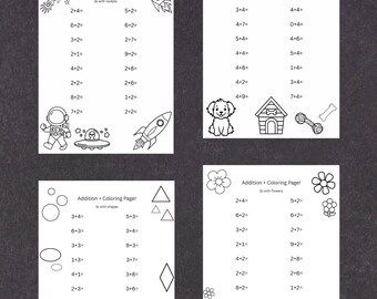 May include: Four black and white addition worksheets with different themes: rockets, dogs, shapes, and flowers. Each worksheet has addition problems and corresponding images for coloring. Colored pencils and paperclips are in the foreground.