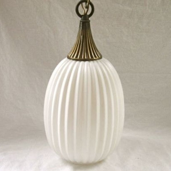 Vintage Pendant Light White Pleated Glass Antiqued Gold Tone Ceiling
