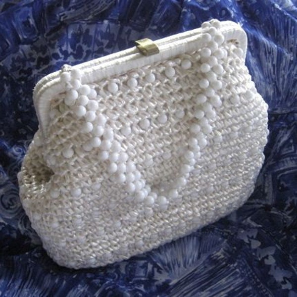 Vintage Handbag White Beaded Raffia 1960s Made in Japan