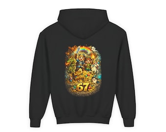 Sudadera con capucha ilustrada de un cofre de juguetes vintage / Estampado en la espalda con el número 67