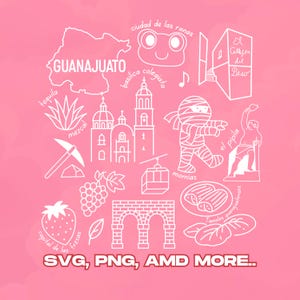 Line-art Guanajuato icons: state map outline, “Ciudad de las Ranas” frog, Callejón del Beso alley, momias (mummies), El Pípila monument, Basílica Colegiata cathedral, guanajuato-style tamales, grapes and cable car, strawberry and floral accents. Great for travel crafts and cultural designs.