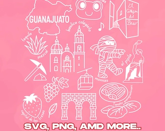 Guanajuato México SVG PNG, Iconos Culturales Diseño Clipart / Momias, Callejón del Beso, Momias, Catedral, Archivo de Sublimación del Teleférico