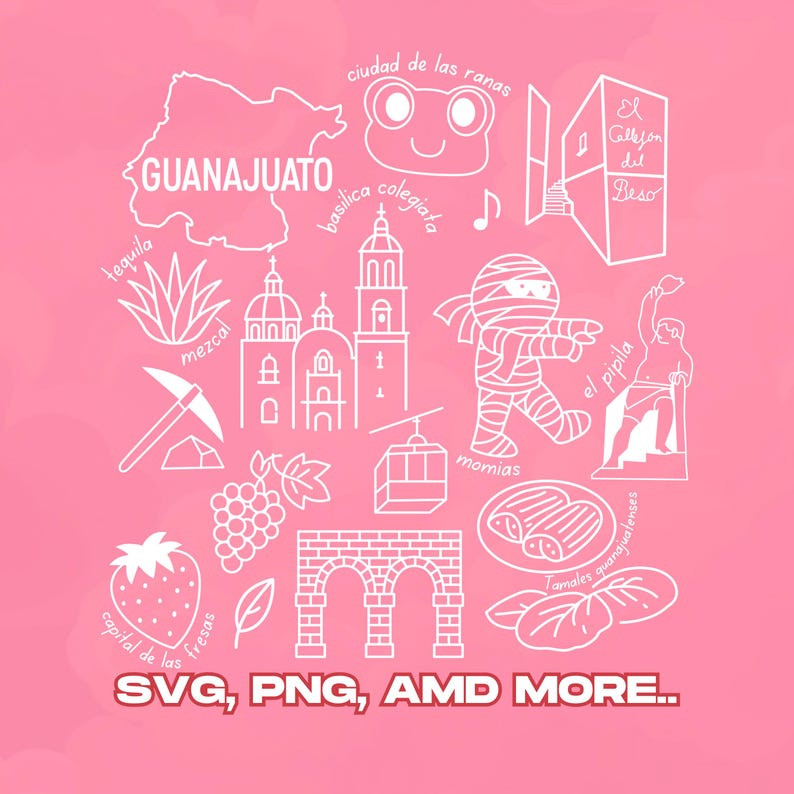 Line-art Guanajuato icons: state map outline, “Ciudad de las Ranas” frog, Callejón del Beso alley, momias (mummies), El Pípila monument, Basílica Colegiata cathedral, guanajuato-style tamales, grapes and cable car, strawberry and floral accents. Great for travel crafts and cultural designs.
