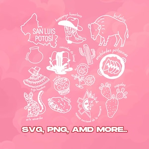 May include: White line art illustrations of San Luis Potosí landmarks and cultural symbols on a pink background. Includes a map, cowboy boots, a buffalo, a waterfall, a cactus, and text that says "SVG, PNG, AMD MORE..."