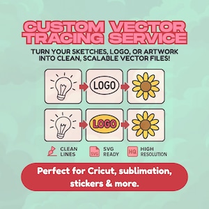 May include: An advertisement for a custom vector tracing service. The image has a light green background with pink text that reads "CUSTOM VECTOR TRACING SERVICE." It shows a process with light bulbs, logos, and sunflowers, with icons for clean lines, SVG ready, and high resolution.