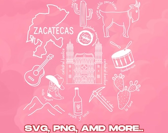 Zacatecas México SVG PNG, Diseño Cultural & Travel Clipart / Cactus, Enchiladas, Basílica Catedral, Tamborazo, Uvas y Vino Archivo de Sublimación