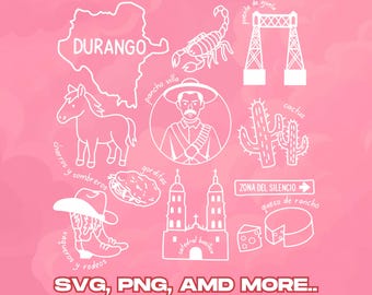 Durango, México, SVG PNG, Diseño de imágenes prediseñadas culturales / Pancho Villa, Escorpión, Catedral, Cactus, Botas de Rodeo, Archivo de sublimación de la Zona del Silencio