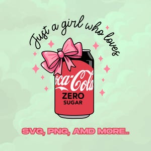 Peut inclure: Illustration numérique d'une canette de Coca-Cola Zero Sugar ornée d'un nœud rose. La canette est rouge avec du texte blanc, sur un fond vert clair avec le texte "Just a girl who loves" et des étoiles roses.