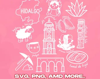 Hidalgo Mexico SVG PNG, Cultural Icons Clipart Design | Muñeca Lele, Barbacoa de Borrego, Atlantes de Tula, Maguey, Monument Sublimation