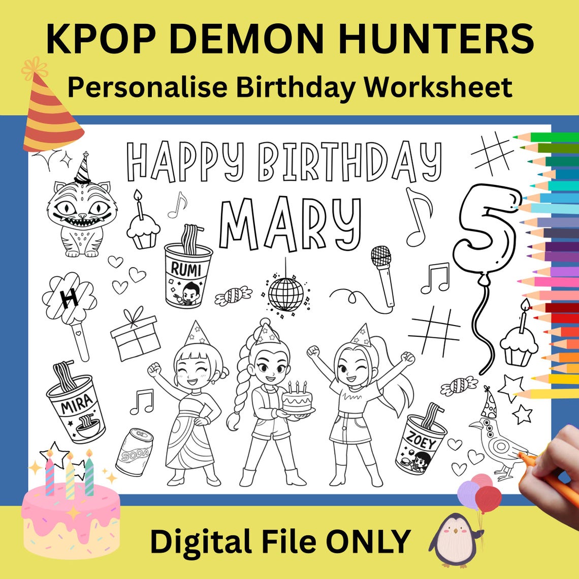 Kpop Demon Hunters Birthday Coloring Page | Personalized Worksheet ...