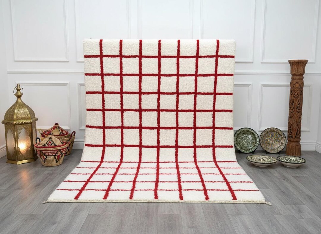 Red Kuwait Rug Red Grid Moroccan Wool Rug, Handmade Berber Carpet - Etsy