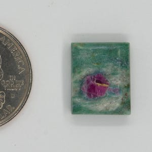 May include: A rectangular gemstone with a vibrant pink center and a green matrix, next to a U.S. quarter for size comparison. The gemstone's dimensions are approximately 0.75 inches by 0.5 inches.