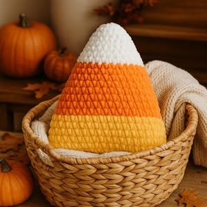 May include: A triangular crochet pillow shaped like a piece of candy corn, featuring horizontal bands of white, orange, and yellow yarn. The pillow is nestled inside a woven wicker basket lined with a cream-colored knitted fabric.
