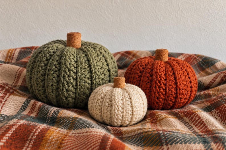 May include: Three crocheted pumpkins in olive green, cream, and burnt orange. Each pumpkin features a ribbed texture and a small, cylindrical cork stem attached to the top center. The pumpkins are arranged in a cluster, varying in size.