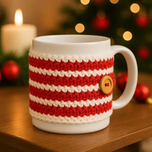 Könnte beinhalten: Ein weißer Keramikbecher mit einem abnehmbaren Häkelüberzug mit horizontalen roten und weißen Streifen. Der Überzug ist mit einem einzelnen runden, hellbraunen Holzknopf an der Seite befestigt, der einen strukturierten Kontrast zur glatten Oberfläche bildet.