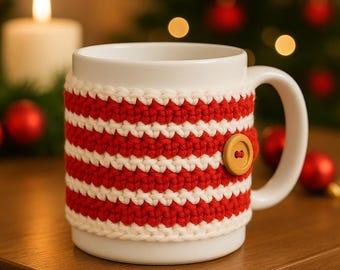 Christmas Crochet Mug Cozy Pattern: Candy Cane Coffee Sleeve (PDF Pattern)