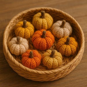 May include: A woven basket filled with eight handmade, knitted pumpkins in shades of orange, yellow, and cream. Each pumpkin has a brown stem. The basket is made of woven straw and sits on a wooden surface. The pumpkins are a fall-themed decorative item.
